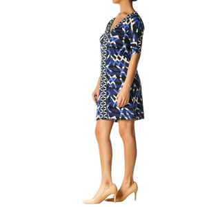 BCBGMaxAzria Blue Short Sleeve Geometric Print Belted Shift Dress Size XXS